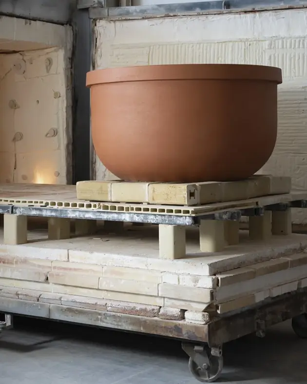 Large terracotta ceramic bathtub on an industrial kiln car with refractory slabs