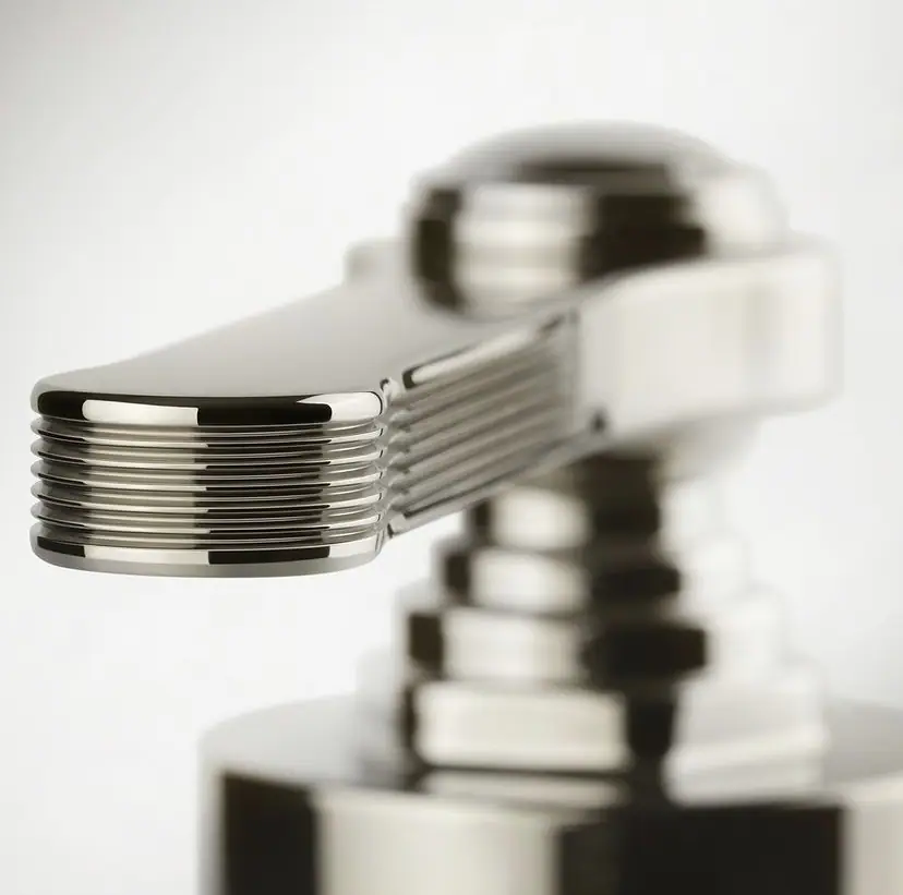 Close-up of the handle of a Venti20 tap with horizontal ribbing at the end and a stepped base out of focus in the background