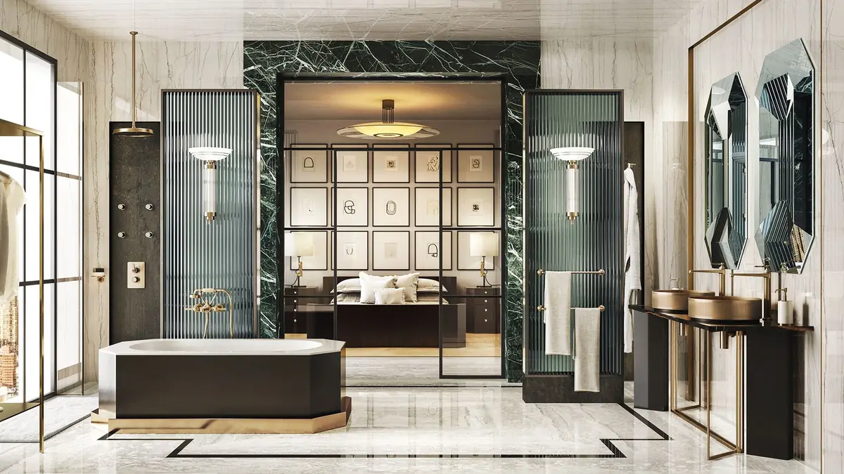 Marble bathroom with an octagonal freestanding bath, shower column and two countertop basins with Venti20 taps in a warm metallic finish