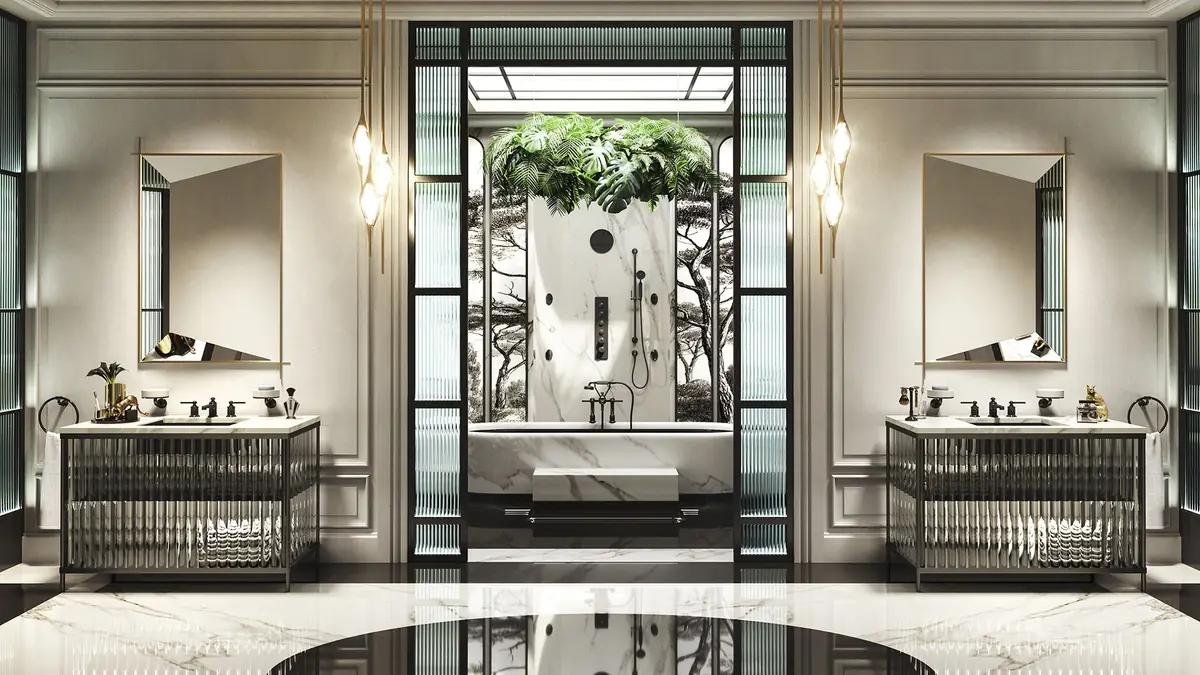 Symmetrical bathroom with two fluted-glass vanity units, black three-hole Venti20 taps and a marble bath with a shower behind