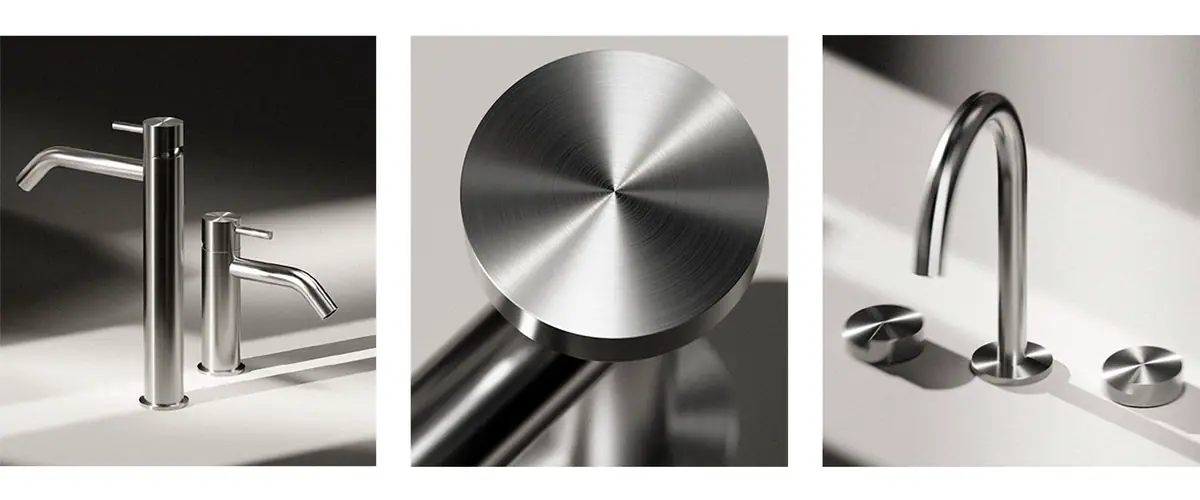 Three views of brushed stainless steel taps: two basin mixers, a control detail and a curved spout