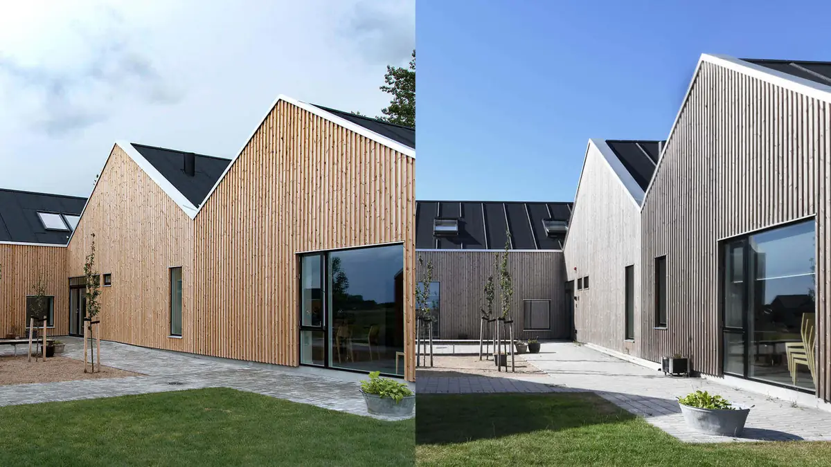 Comparison of a façade of vertical timber battens when newly installed and the same façade weathered to grey a year later