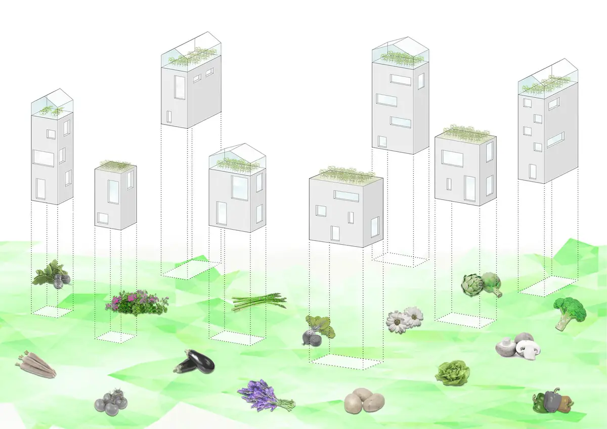 Esquema de edificios con invernaderos y cultivos en cubierta sobre un plano verde con hortalizas