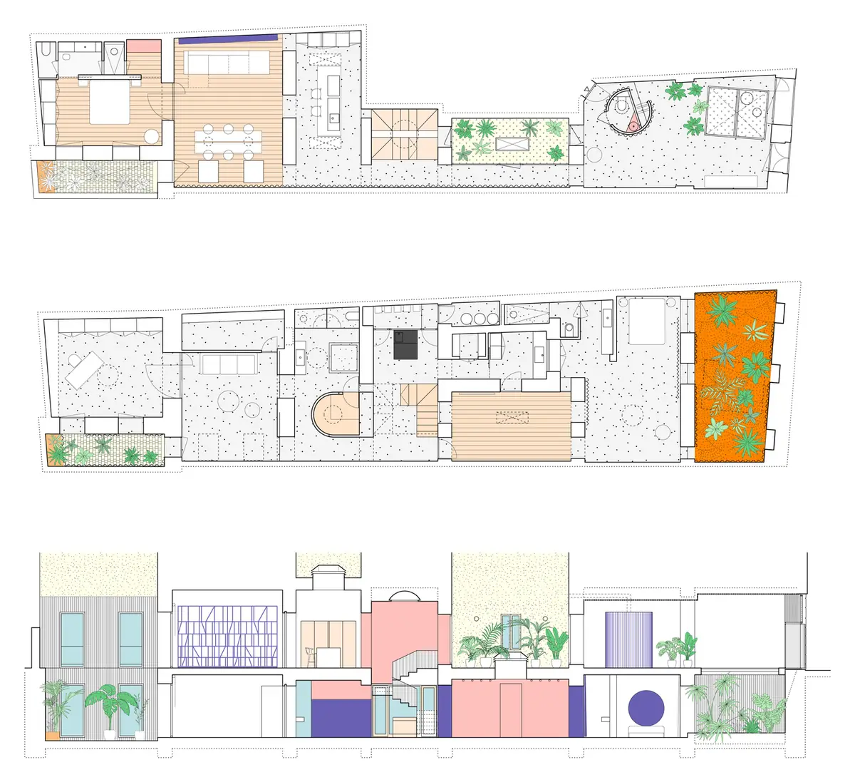 Coloured plans of the two levels and longitudinal section of the home, with landscaped courtyards