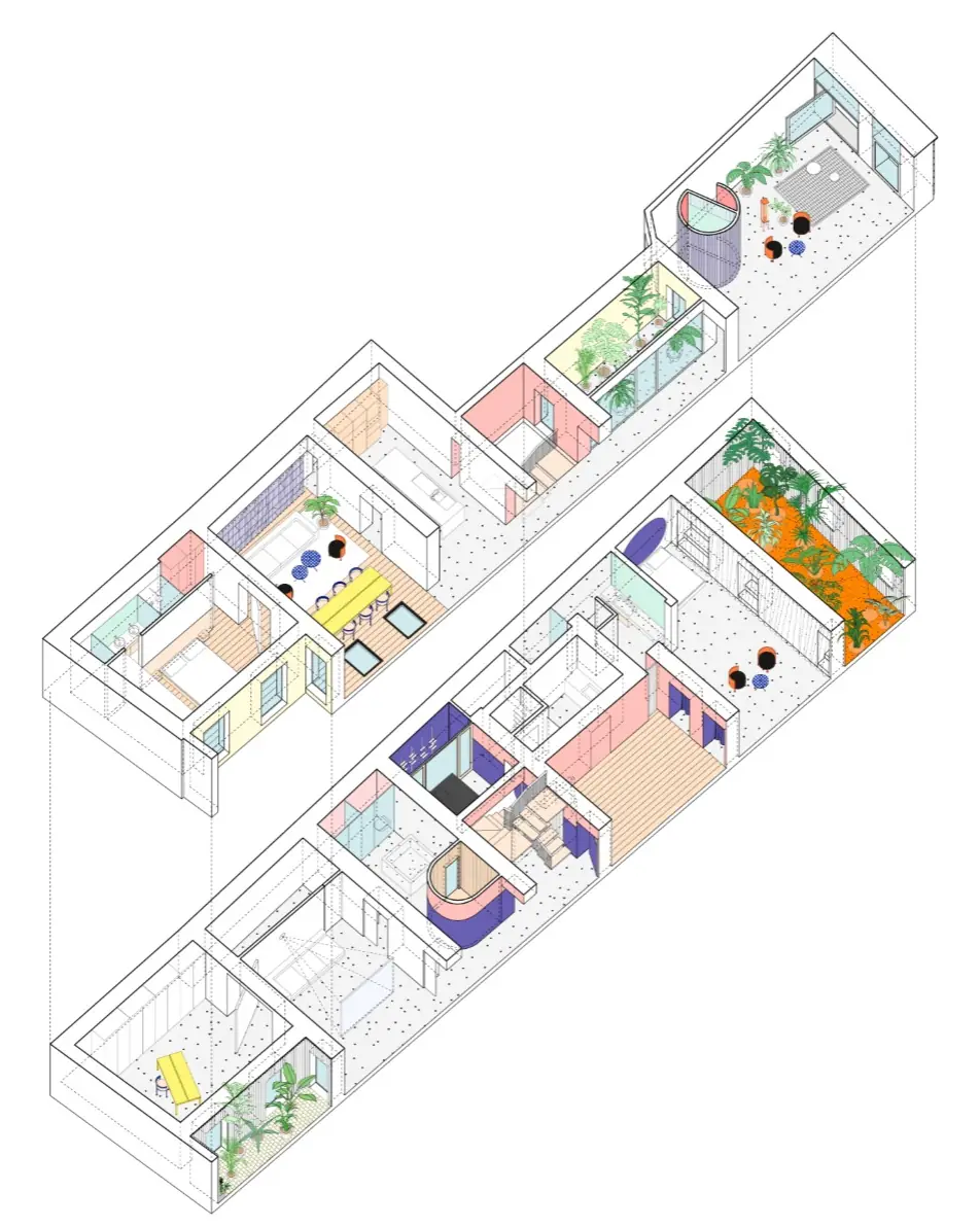 Colour axonometric of the two levels of the home, separated