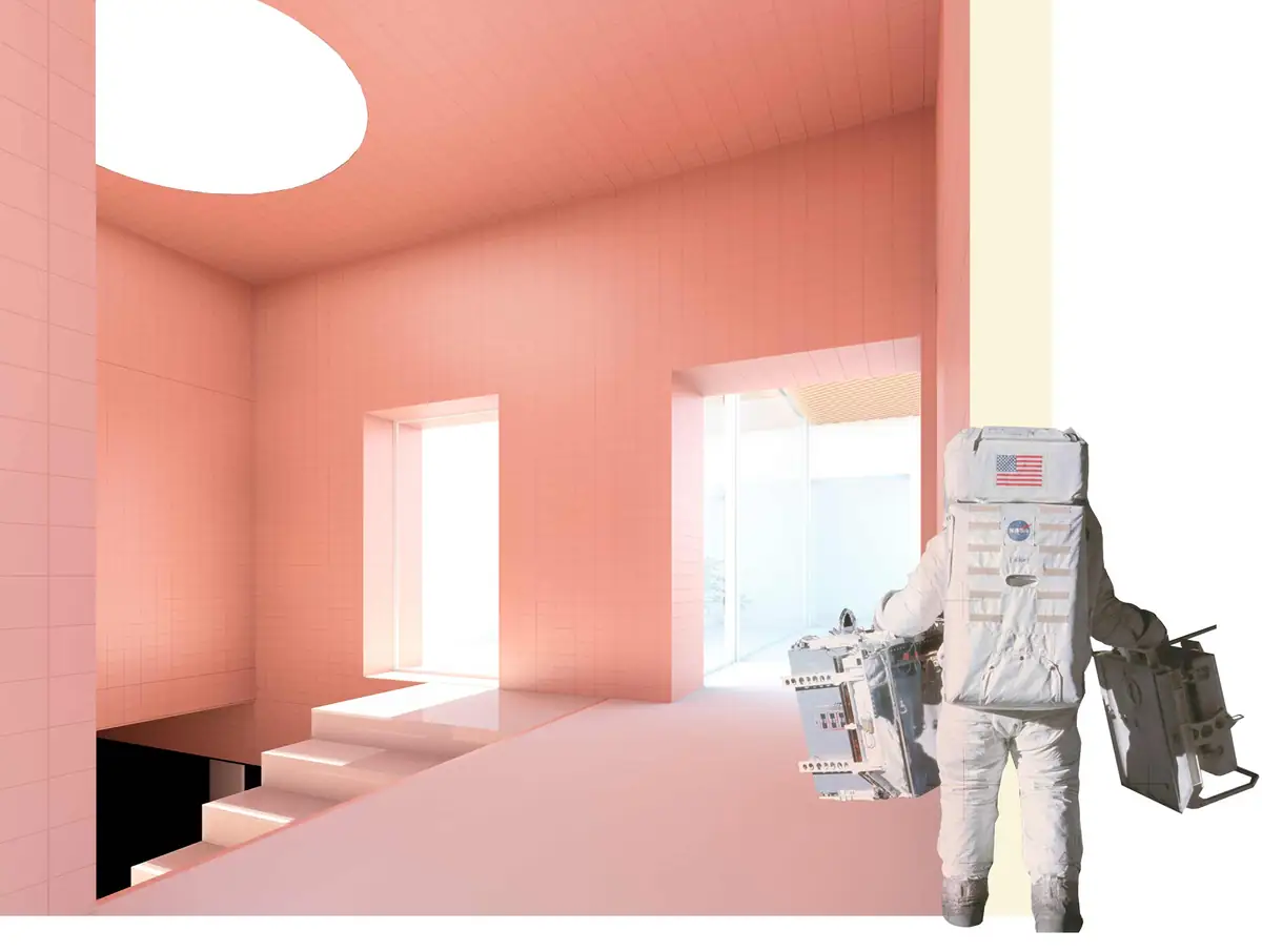 Collage of a pink space with an oval skylight and a staircase, with an astronaut in the foreground
