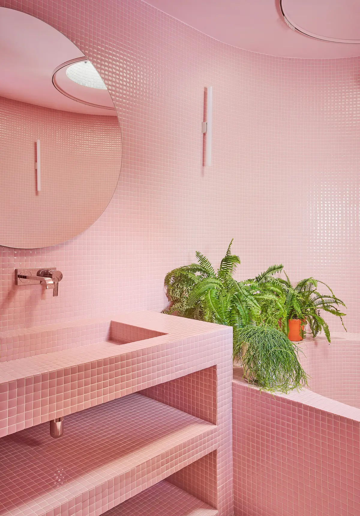 Baño revestido de gresite rosa con lavabo y estantes de obra y helechos