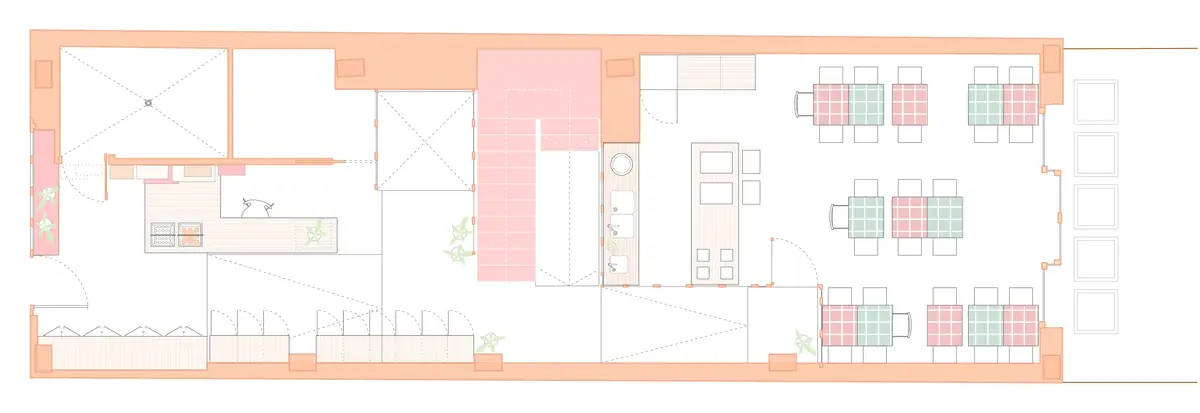 Ground-floor plan of the coworking space, elongated between the street and the courtyard, with the central staircase and the canteen tables