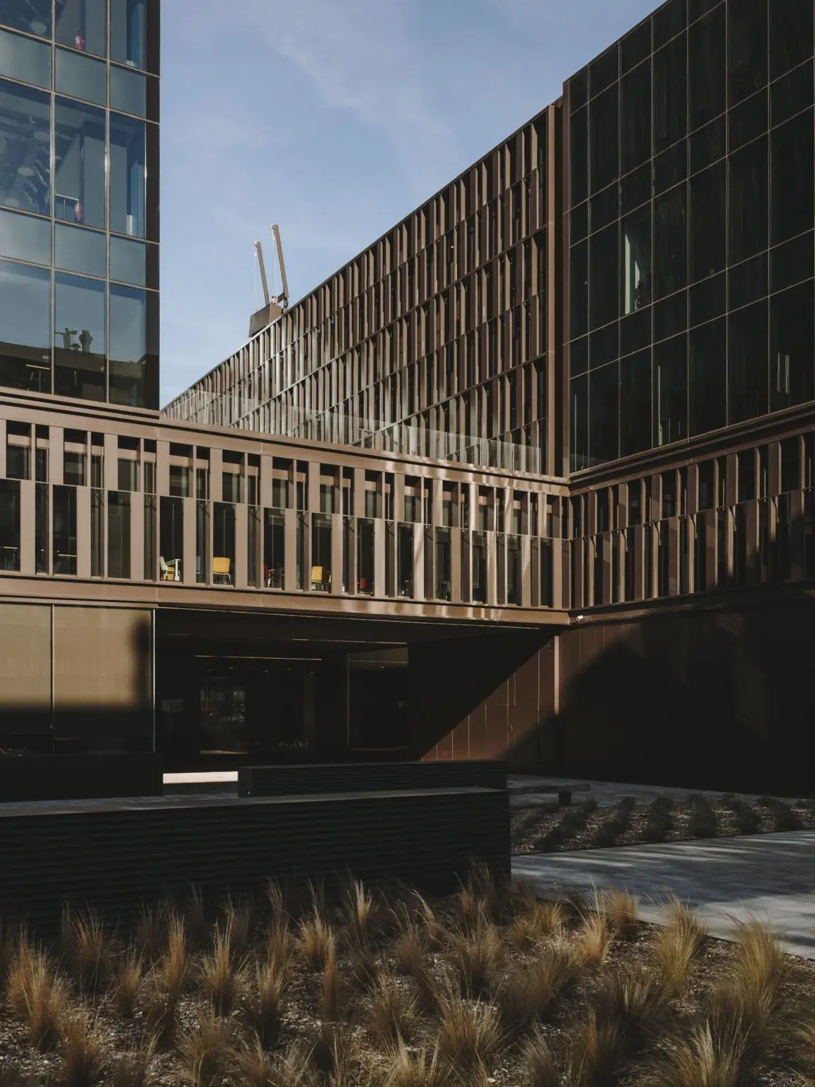 Office volume with aluminium louvres and a glass façade above the landscaped courtyard