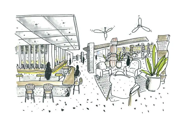 Colour sketch of the hotel’s ground floor with a bar, armchairs, plants and clad columns