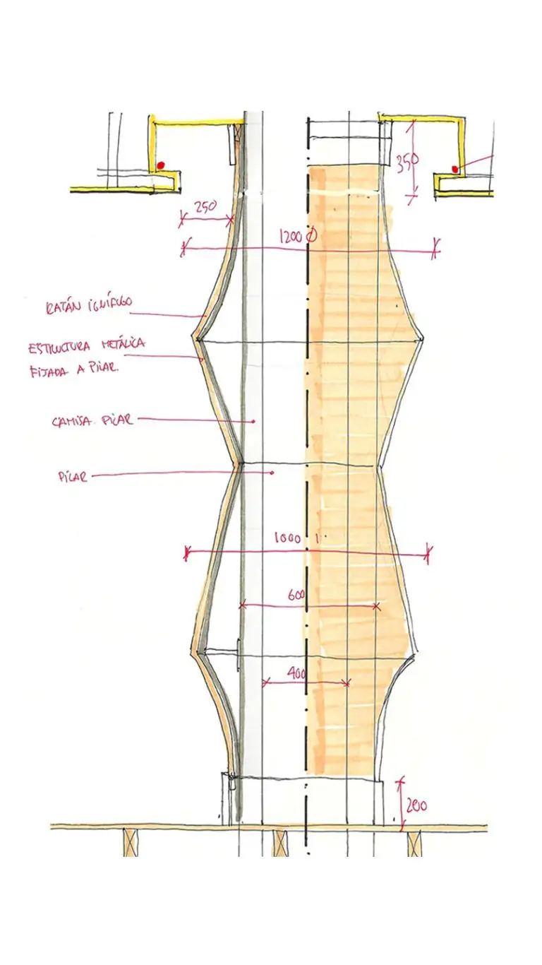Dimensioned detail drawing of a column with rattan cladding on a metal frame