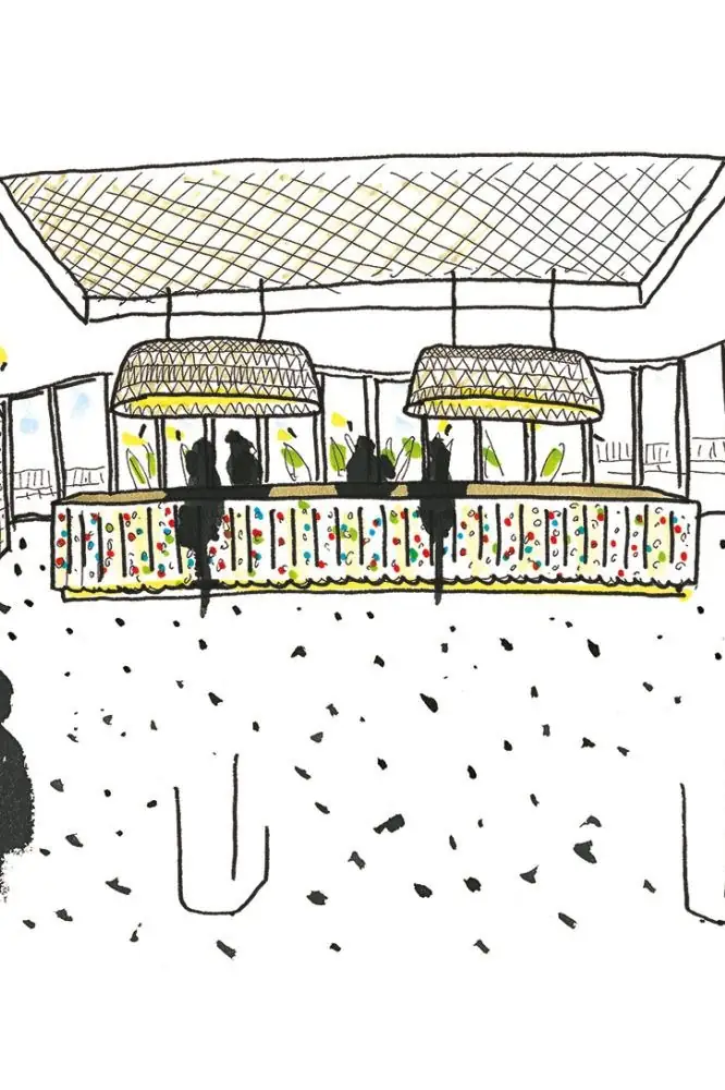 Sketch of the reception with the marble counter and two large pendant lamps