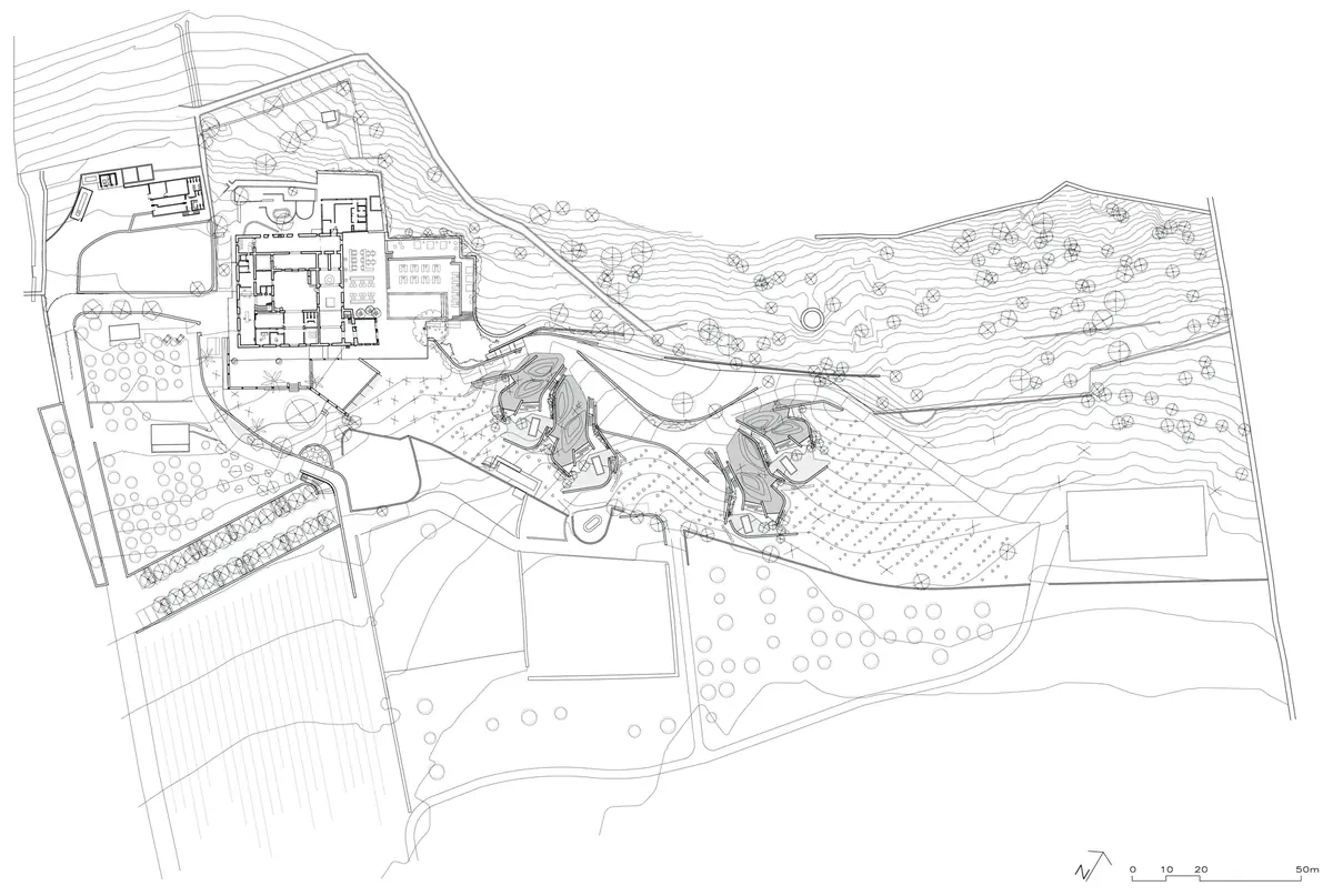 Site plan of the hotel, the villas and the estate's terraces