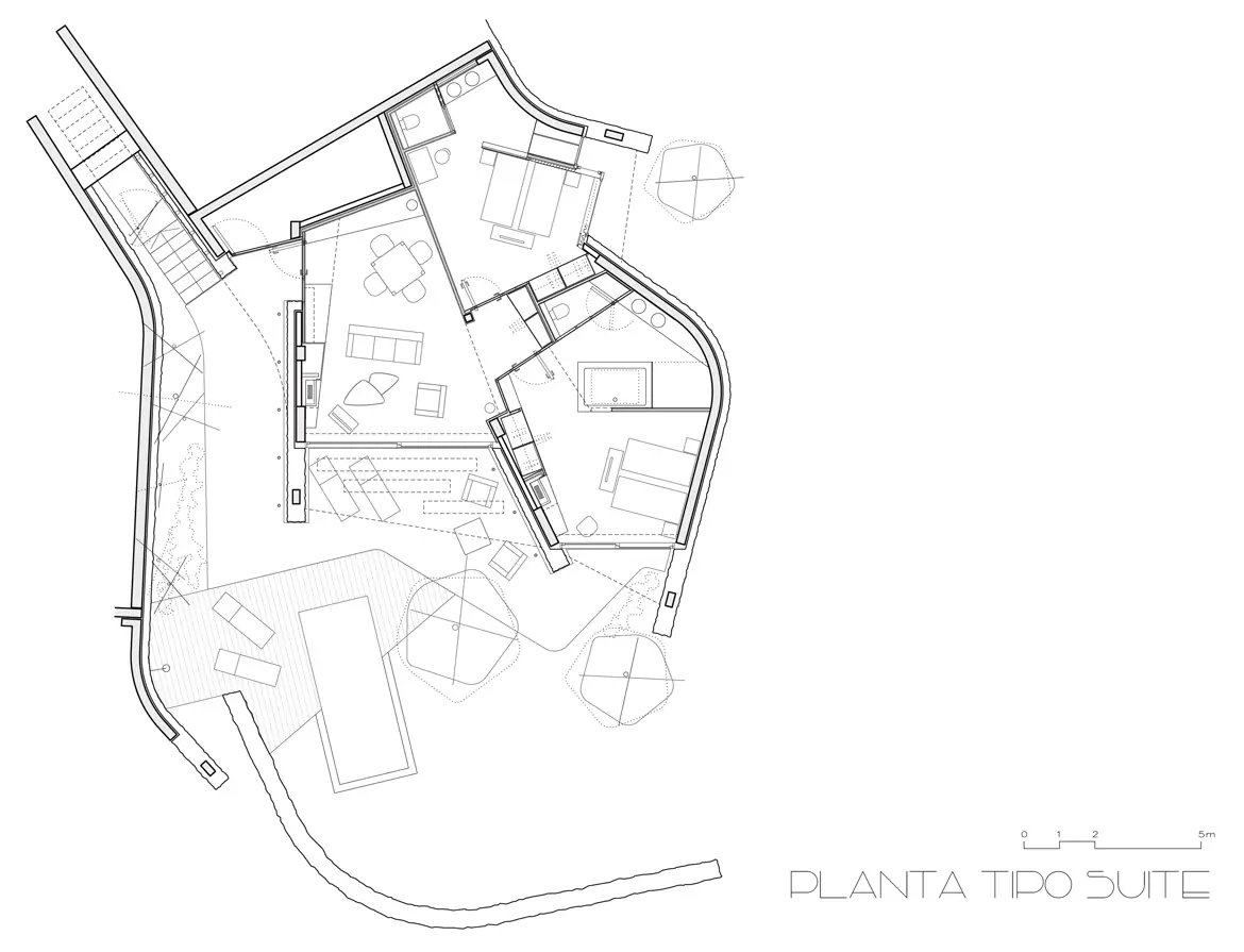 Typical plan of a villa suite with two bedrooms, living room, terrace and pool
