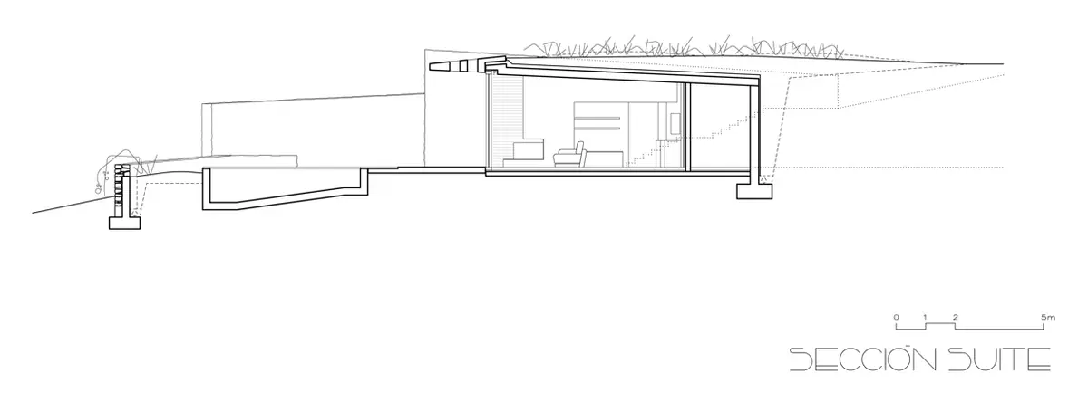 Section through a half-buried villa suite with a planted roof