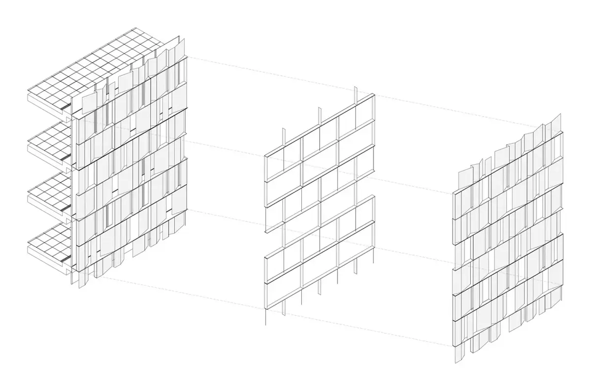 Axonometría de la fachada descompuesta en tres capas: muro cortina, estructura exterior y lamas de vidrio