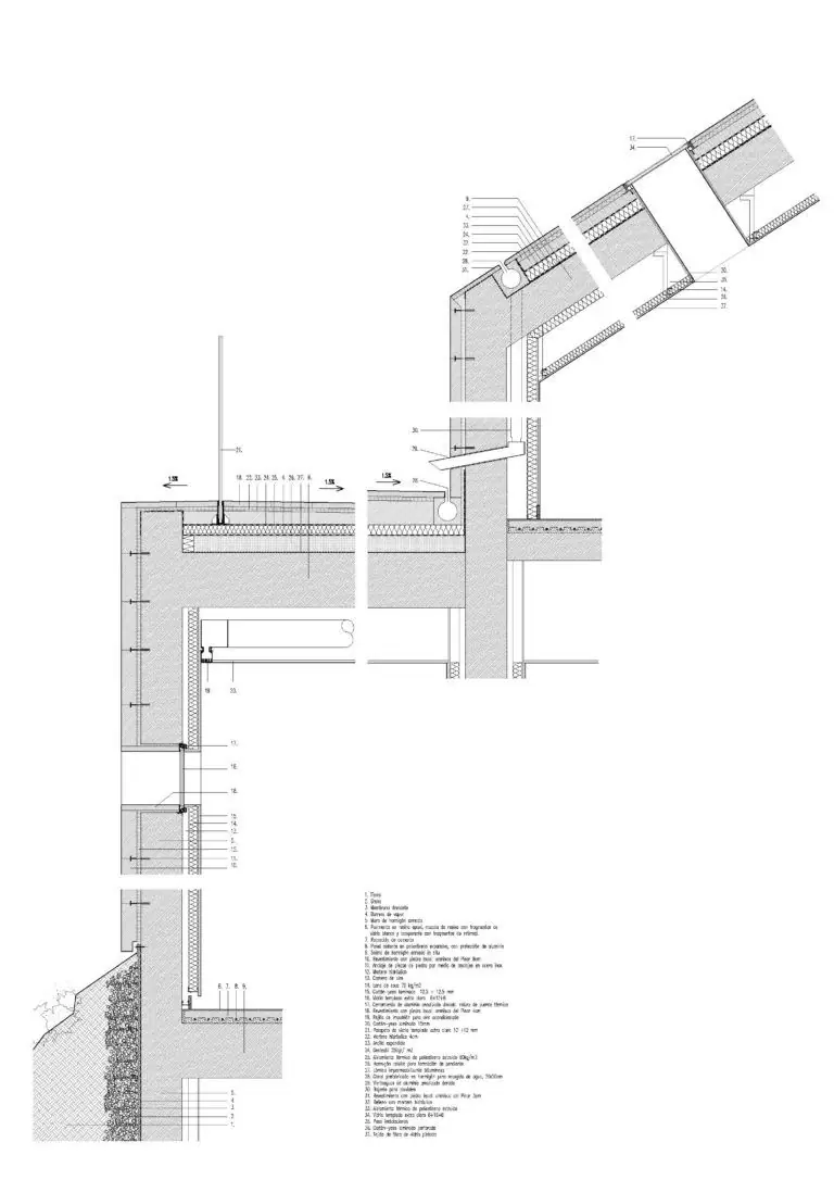 Construction section of the facade and the pitched roof with the stone cladding