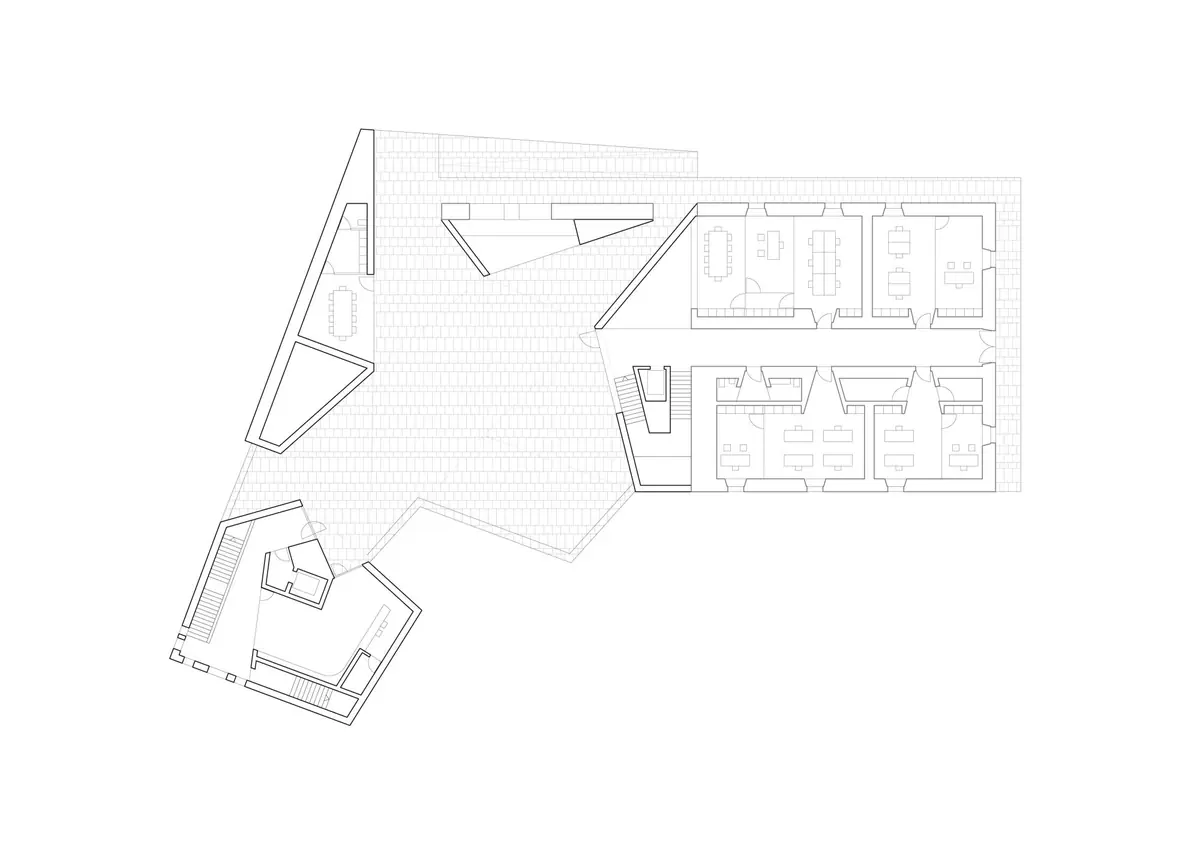 Plan of the complex with the central square, the tower, the smaller volumes and the offices of the old building