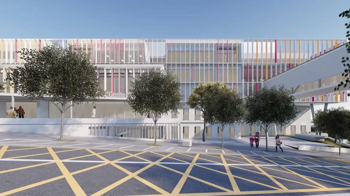 Render de la fachada de acceso con lamas verticales blancas, rosas y amarillas
