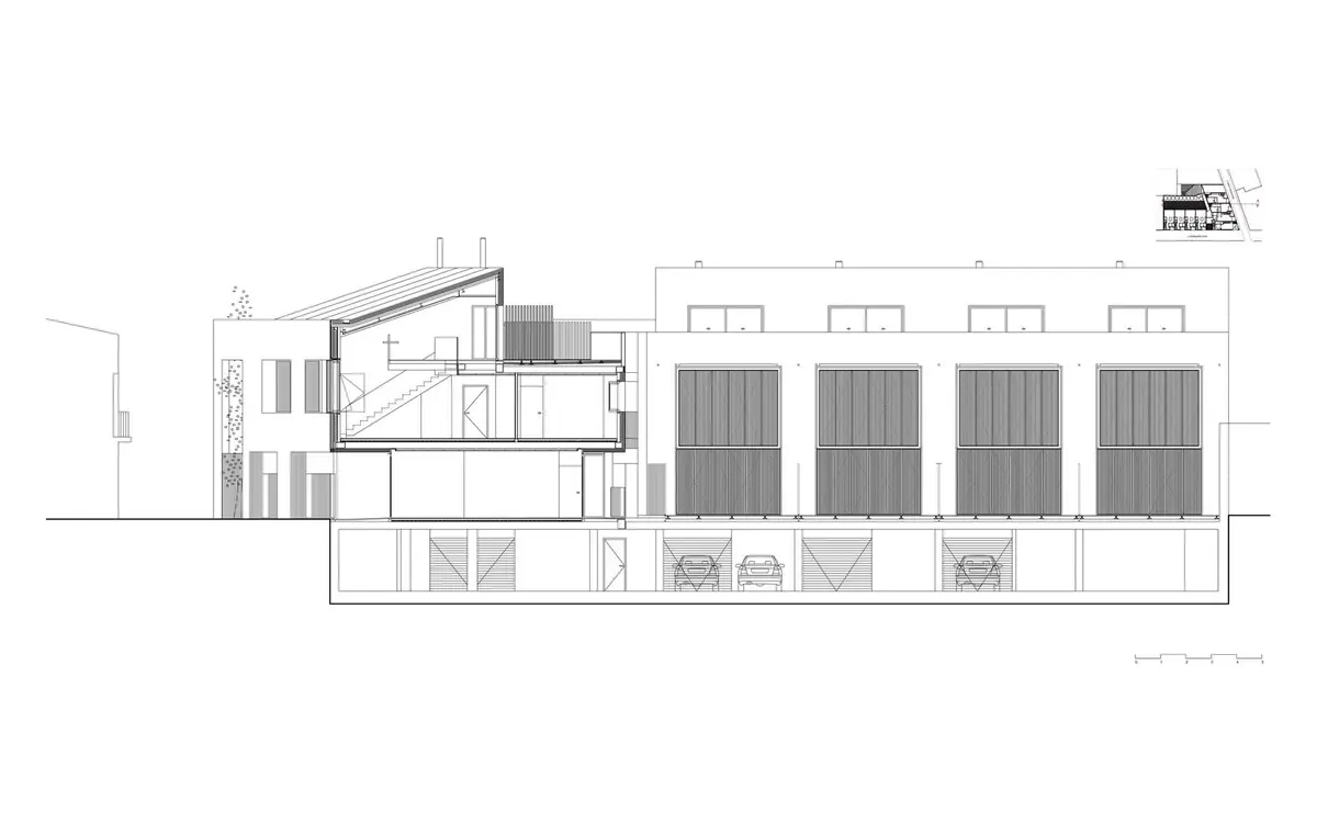 Section and elevation of the development with the facade screens and the underground car park
