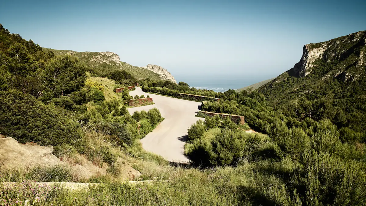 A path between planted terraces on the restored slope of the former Garraf landfill, with the sea in the background