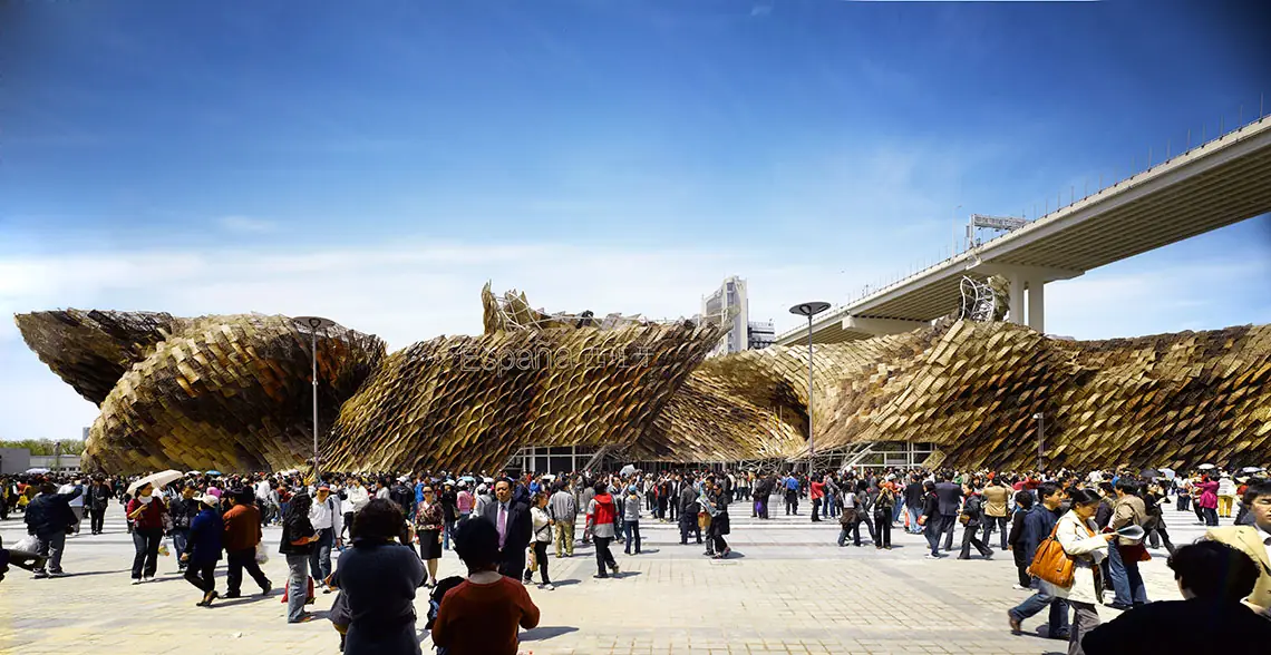 Exterior of the Spanish Pavilion at Expo 2010 Shanghai, clad in wicker panels, with visitors in front