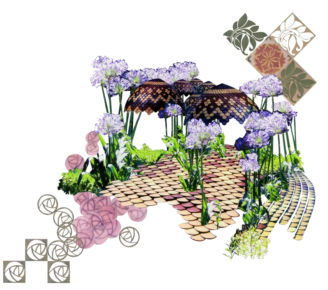 Collage with agapanthus flowers, ceramic-scale roofs and Modernista motifs on a white background