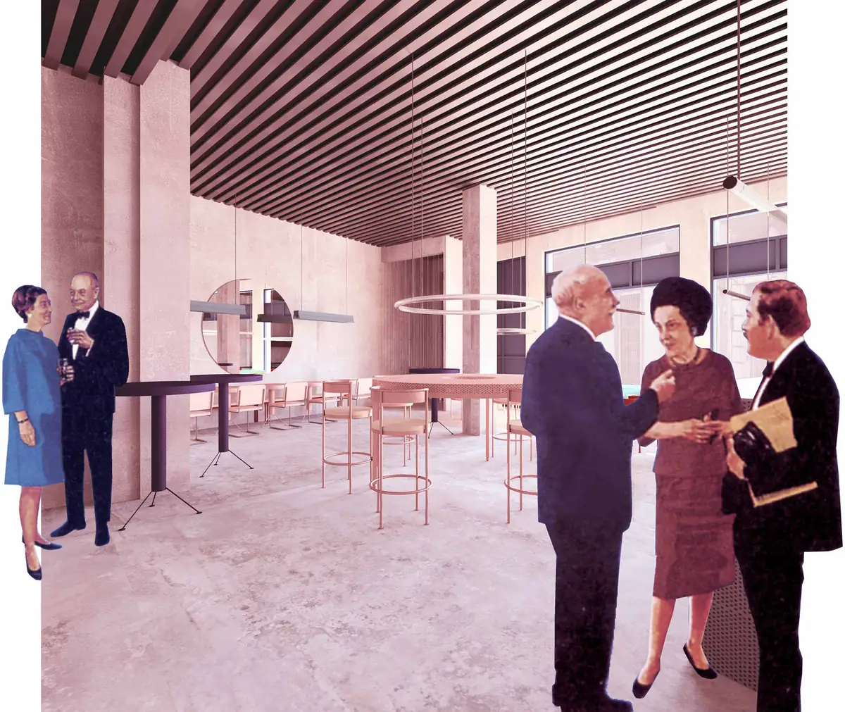 Collage of a restaurant in pink tones with a slatted ceiling, high stools and cut-out figures from the 1960s