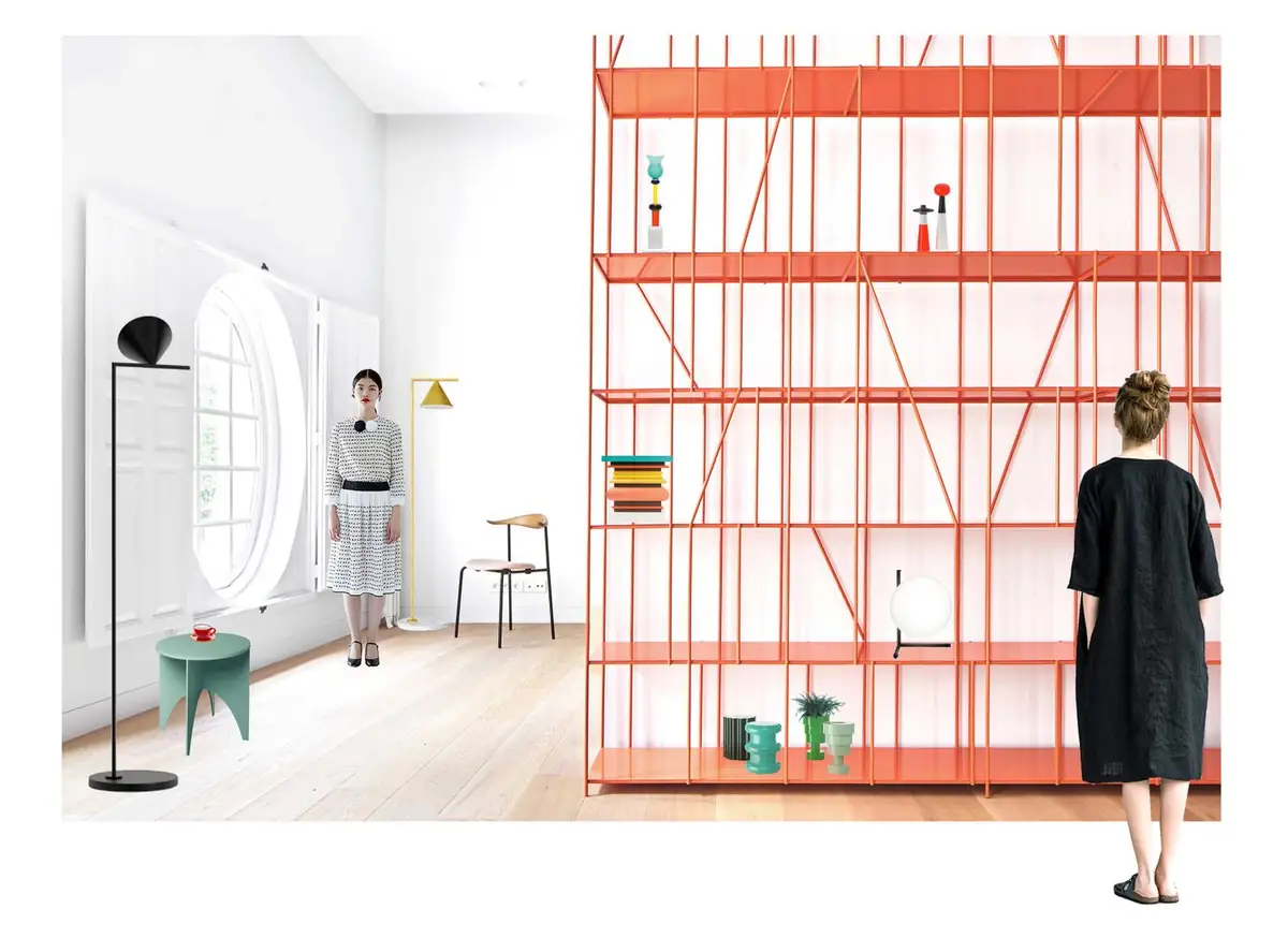 Collage of a white interior with a large orange metal shelving unit, an oval window and cut-out figures