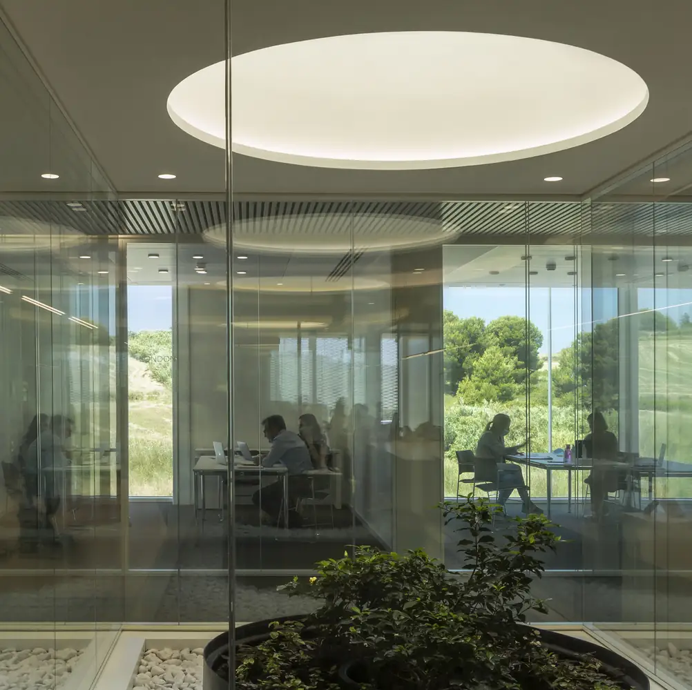 Oficina acristalada con personas trabajando, un patio interior con plantas en primer plano y vegetación al fondo